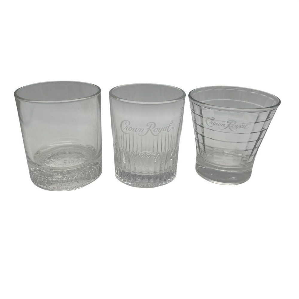 3 Crown Royal Lowball Whiskey Glasses All Different Clear Glass 3.5" Tall
